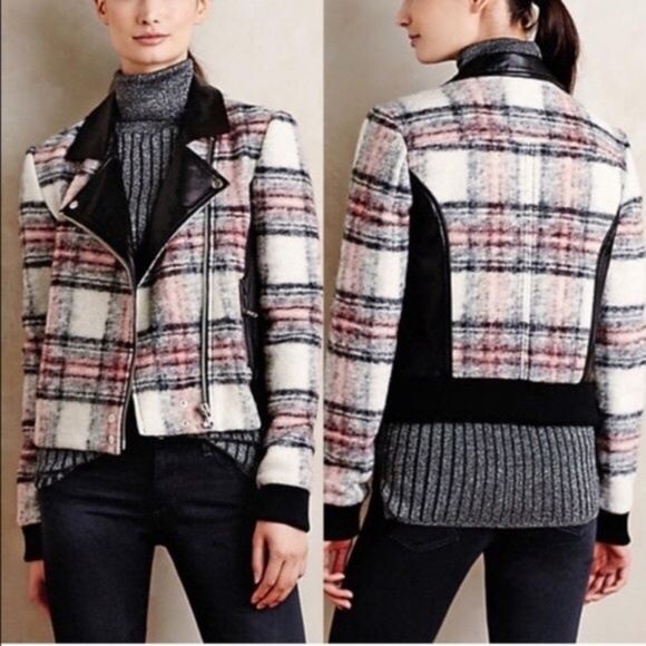 Anthro Paige Leather Plaid Moto Jacket Biker Wool - Picture 2 of 5